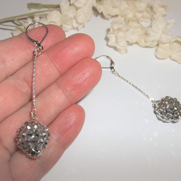 Long Sparkly Silver Disco Ball Earring Set Dangly Jewelry Party Chic NWT 7149 - Picture 6 of 8